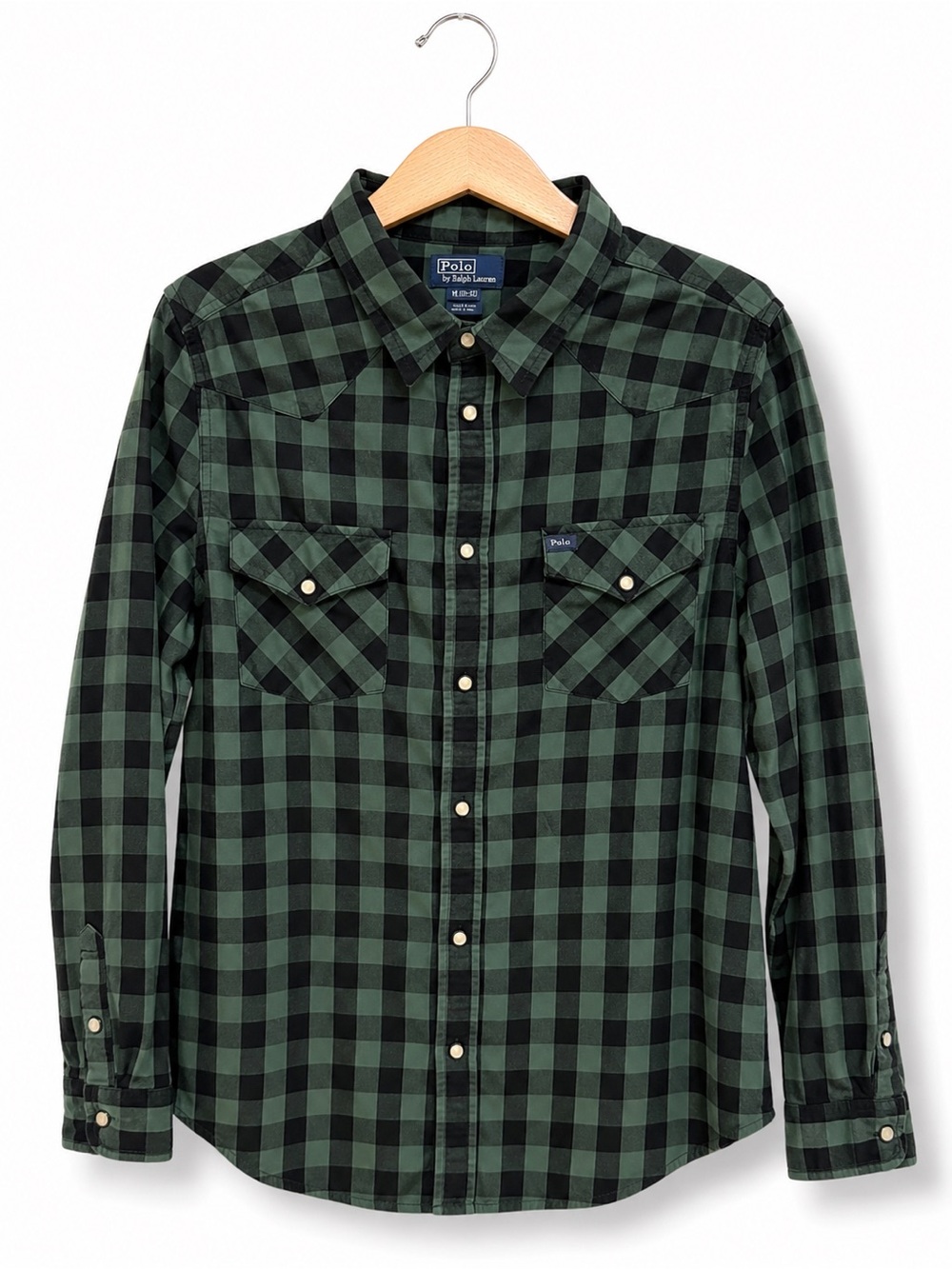 Boys Polo Ralph Lauren Check Western Snap Up Shirt XL 18-20 Green Black